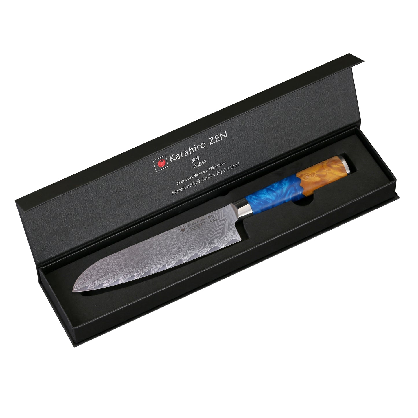 3-tlg. Katahiro Zen Damast Kochmesser-Set (8” Koch-, 7” Santoku-, 5” Santokumesser) Griff aus weißem Ahorn-Wurzelholz und blauem Acrylharz mit Bambus Magnetmesserhalter
