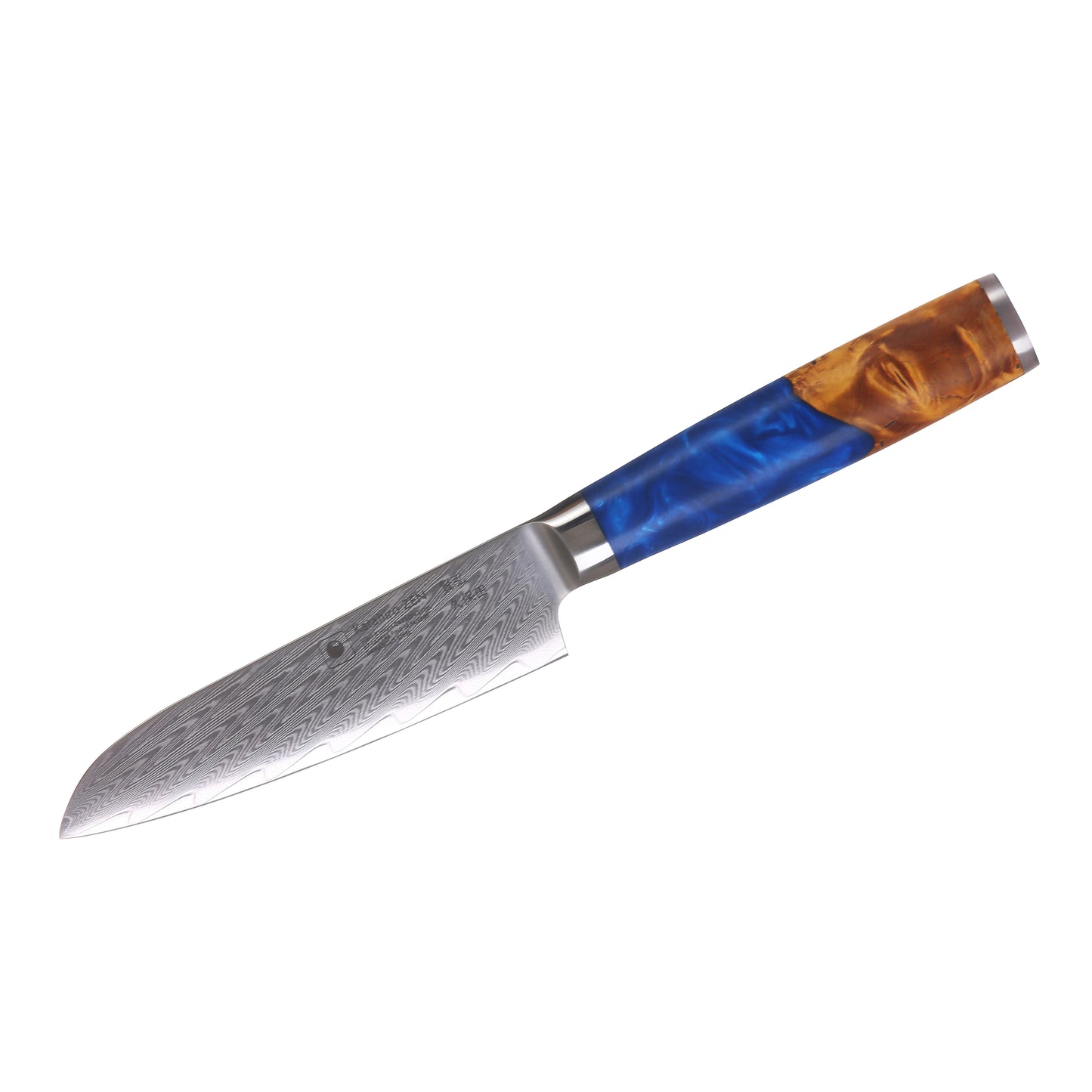Katahiro Zen 5” Santokumesser, Japanischer VG-10 Damaszener Stahl, Griff aus weißem Ahorn-Wurzelholz und blauem Acrylharz