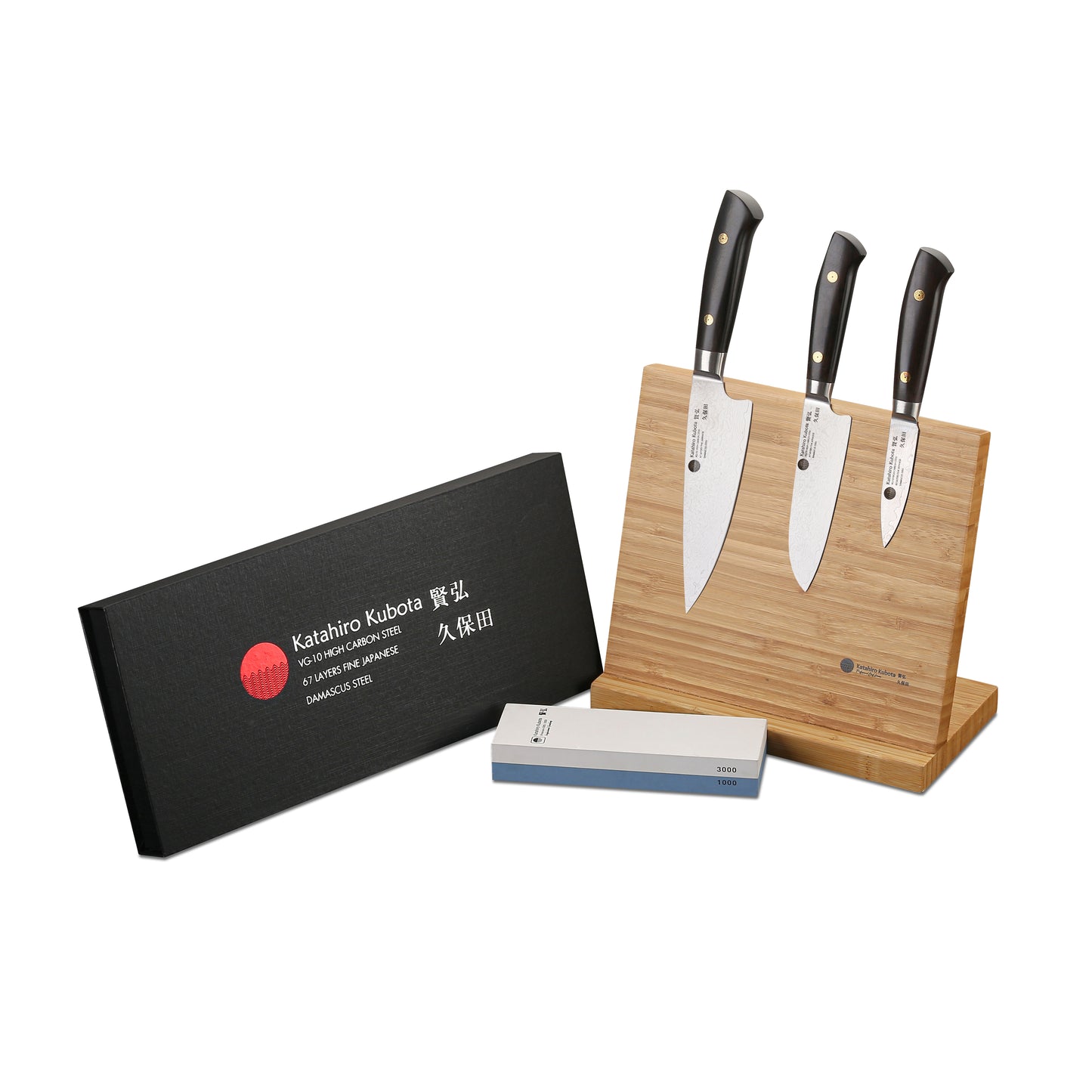 KATAHIRO KUBOTA Sense 3tlg. Koch-/Santokumesser-set aus Damast und Ebenholzgriff