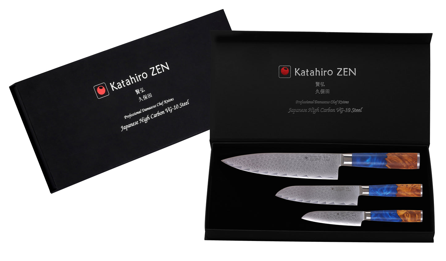 3-tlg. Katahiro Zen Damast Kochmesser-Set (8” Koch-, 7” Santoku-, 5” Santokumesser) Griff aus weißem Ahorn-Wurzelholz und blauem Acrylharz mit Bambus Magnetmesserhalter