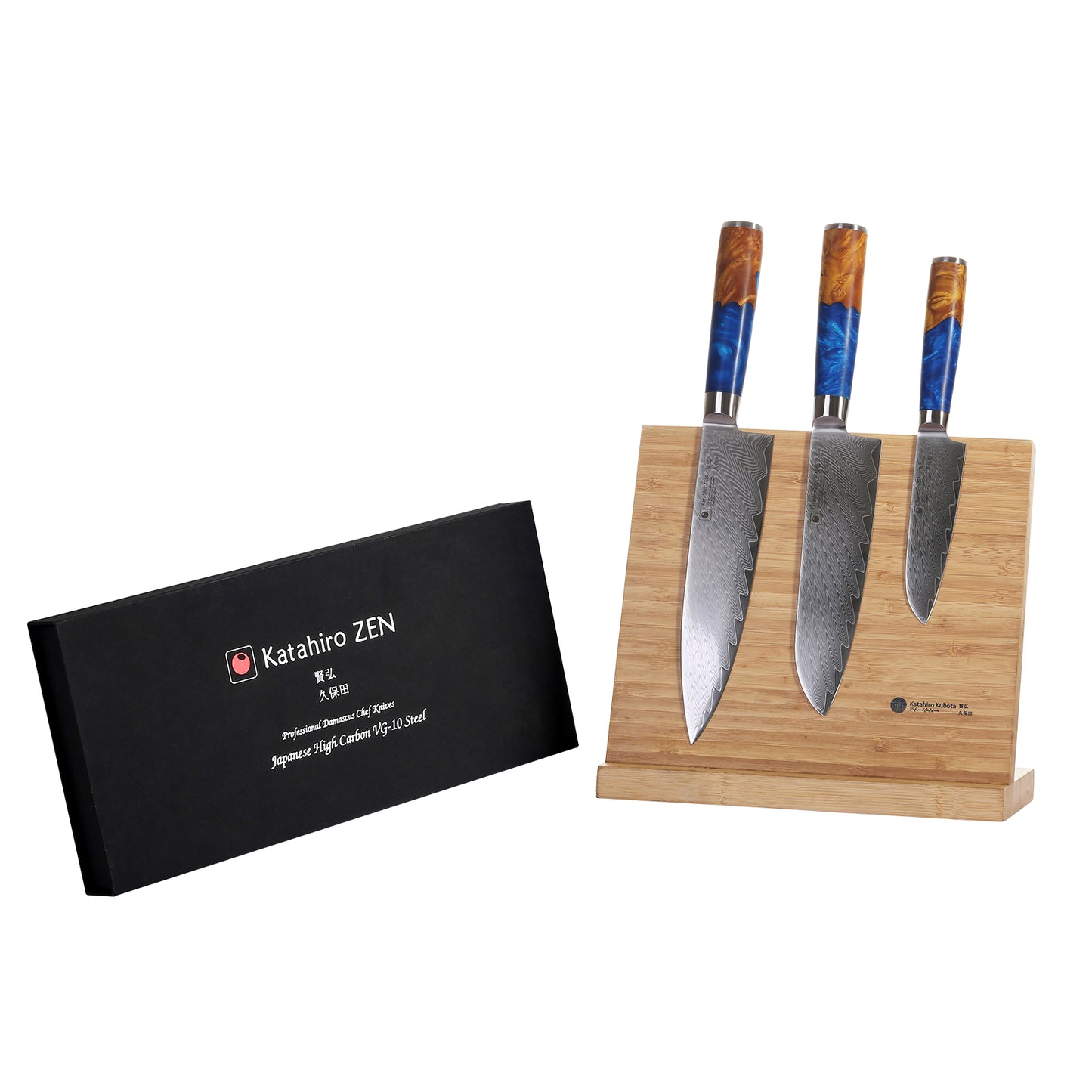 3-tlg. Katahiro Zen Damast Kochmesser-Set (8” Koch-, 7” Santoku-, 5” Santokumesser) Griff aus weißem Ahorn-Wurzelholz und blauem Acrylharz mit Bambus Magnetmesserhalter