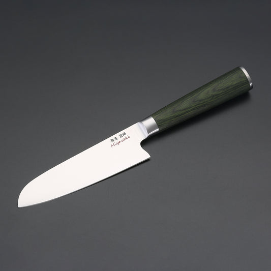 Miyazaki Kodawari Santokumesser 5 inch, Griff aus Pakkaholz grün